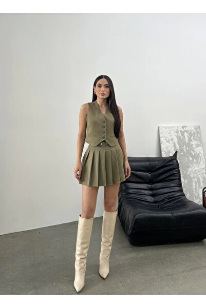 asfamoda Haki Düğmeli Kolsuz Yelek & Astarlı Mini Şort Etek Alt Üst Takım