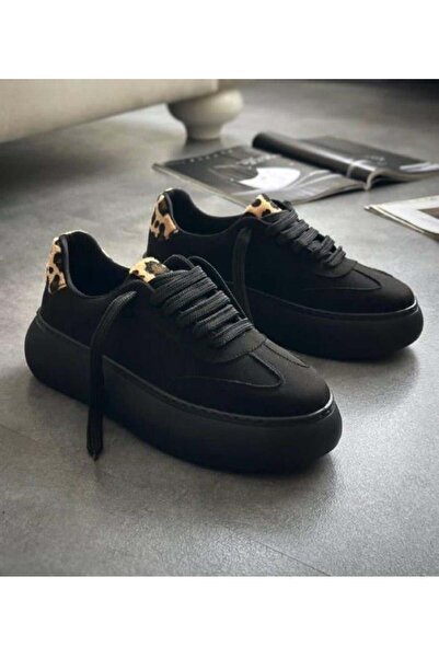 diclepolat Kadın Sneaker Siyah Süet Yüksek Taban Bağcıklı Spor Ayakkabı Leopar Desenli Azin