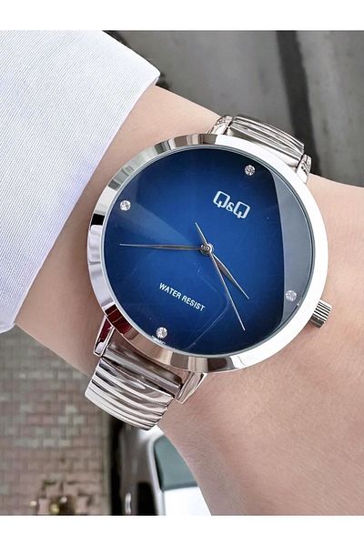 Q&Q Gray Women's Watch - Frame Design, Spring Cord, Dark Blue Snowflake, Waterproof Quartz