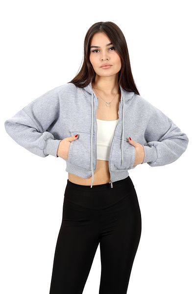 hudors Cardigan crop cu glugă gri - 3 fire, cu fermoar, femei