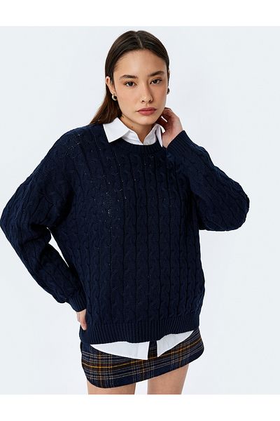 Koton Hair Braided Textured Crew Neck Knitwear Sweater