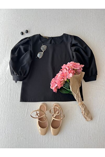 KÜÇÜĞÜM BUTİK طاقم الرقبة بلوزة كريب كم بالون أسود