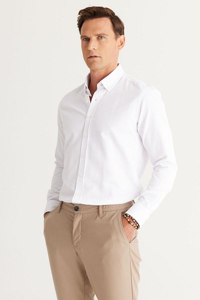 AC&Co / Altınyıldız Classics Ανδρικό πουκάμισο από βαμβακερό γιακά με κουμπιά Oxford, λευκό και στενή εφαρμογή