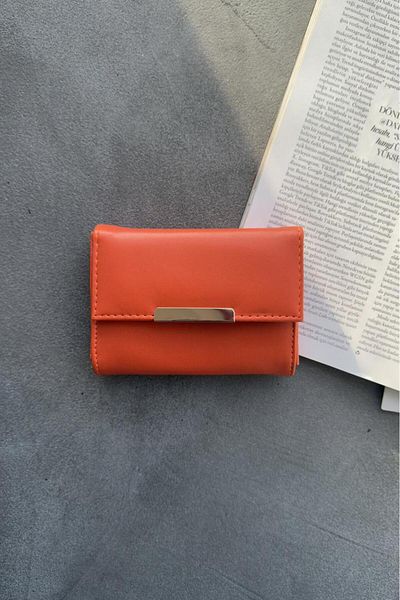 LEONAS Orange Wallet Card Holder Accessory with Zipper and Snap Fastener Coin Compartment Sasha