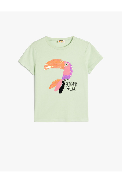 Koton Tricou din bumbac cu imprimeu papagal - paiete cu paiete, maneca scurta