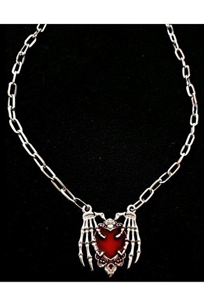 Metal Giyim Kalp Tutan İskelet Eller Gotik Kolye