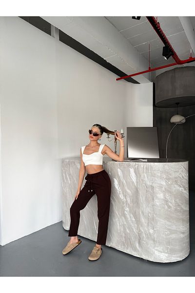 COMBİNE MİCHAİL Γυναικείο παντελόνι Palazzo καφέ με κορδόνι Lycra με ελαστική μέση