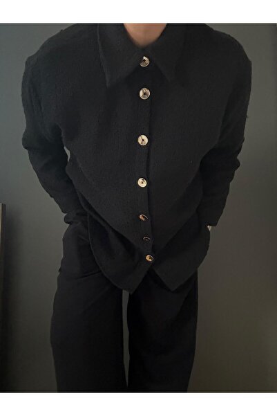 Retrokare Uzun Kollu Tüvit Dokulu Siyah Gömlek