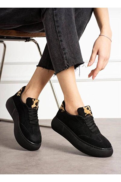 diclepolat Kadın Sneaker Siyah Süet Yüksek Taban Bağcıklı Spor Ayakkabı Leopar Desenli Azin