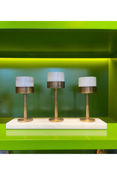 Mioletti Pirinç Detaylı Mermer 3’ lü Şamdan Mumluk Dekoratif Obje