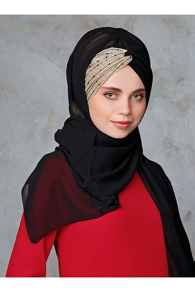 Differenza شال حجاب جاهز بعقدة ترتر لامعة - نصف ذهبي