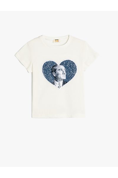 Koton Tricou din bumbac Imprimat Ataturk - Paiete, Decolteu Crew, mânecă scurtă