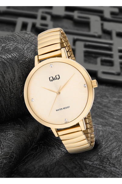 Q&Q Kadın Altın Gold Çerçeve, Yaylı Kordon, Krem Kar Tanesi Kadran, Su Geçirmez Quartz Analog Saat