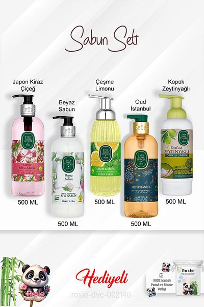 Eyüp Sabri Tuncer 500 ml White Soap, Fountain Lemon, Oud Istanbul, with Olive Oil, Japanese Cherry Blossom and Rosie