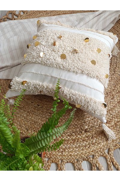 Kubrahobi Handmade Gold Sequins Embroidered Ecru Color 43 X 43 Throw Pillow Cover on the Dead