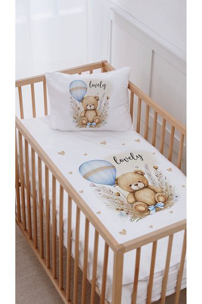 Lilabio 100% Cotton Park Bed Crib Duvet Cover Set (70X120) Blue Bubble Teddy Bear