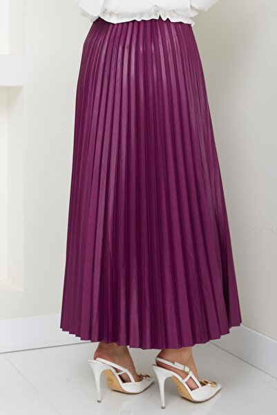 hafsamina Purple Leather Look Pleated Skirt with Elastic Waist Hm2655