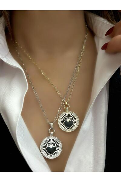 MyladyAccessoriess Siyah Kalp Detaylı Kolye (Çelik) Gümüş