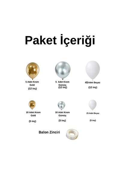 Organizasyon Pazarı White Pastel Chrome Silver-Chrome Gold 100 Pieces Balloon Chain Set