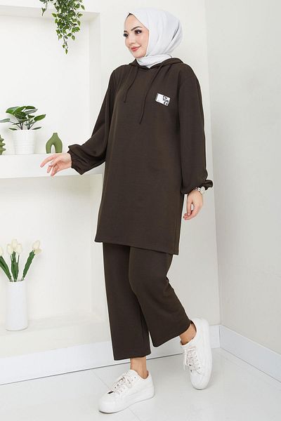 hafsamina Bitter Brown Hooded Double Set - Crest Detail Hm2654