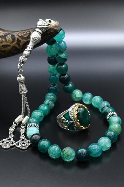 Prestige Doğal Damarlı Akik Taşlı Tesbih Ve 925 Ayar Gümüş Erkek Yüzüğü Yeşil...