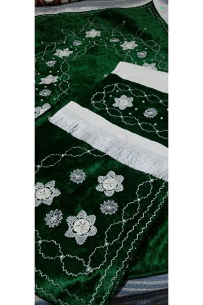NUMİSTORE Iğne Oyası Yeşil Kadife Kumaş Üzerine İşlenmiş Seccade Takımı