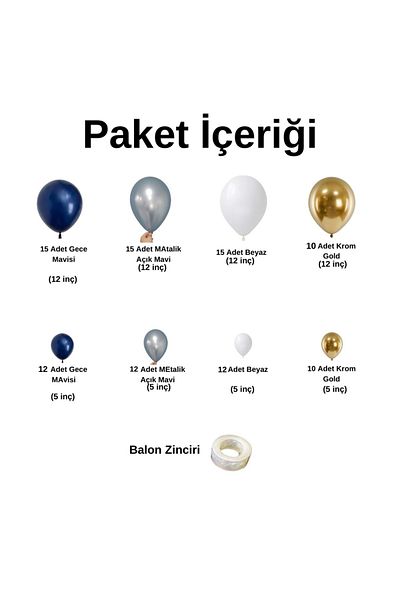 Organizasyon Pazarı Midnight Blue Metallic Light Blue and White Chrome Gold 100 Pieces Balloon Chain Set