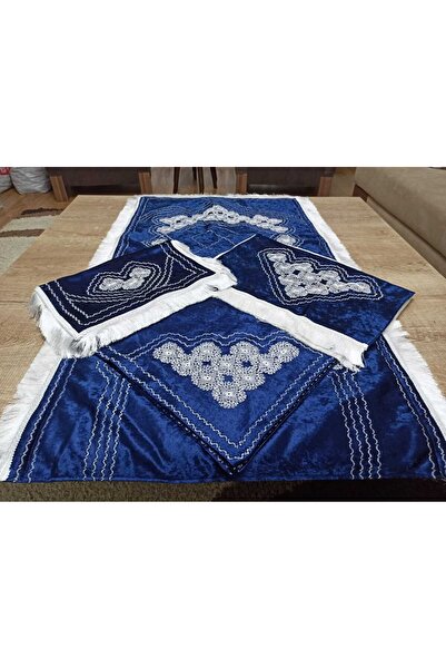 NUMİSTORE Iğne oyası mavi kadife üstüne işlenmiş seccade takımı