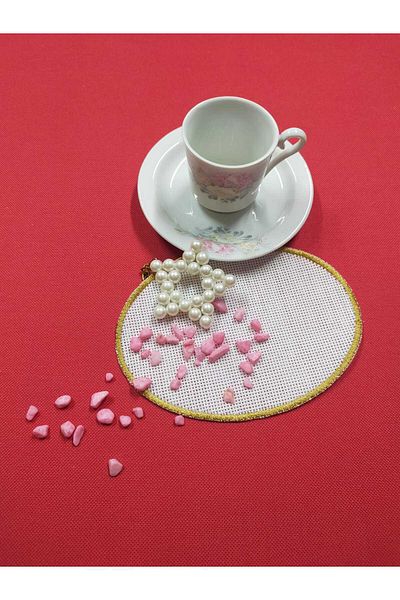 NAKIŞ ATÖLYESİ Oval Napkin 6 Pieces Suitable for Etamine Processing Fabric Gold Edge Brown Side Cocktail Presentation Napkin