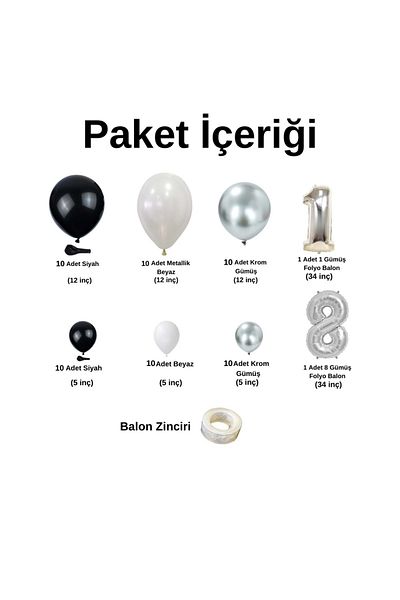 Organizasyon Pazarı 18 Silver Foil Balloons Set - Black, Chrome, White 60 Pieces Chain