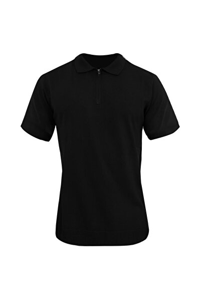 Uki SİYAH Polo Yaka Kısa Kol Triko Kazak