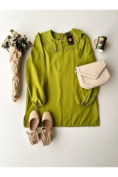 KÜÇÜĞÜM BUTİK Oil Green Baby Collar Long Poplin Tunic