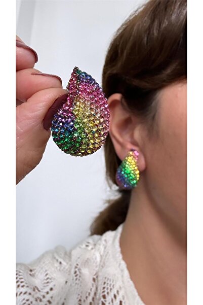 Pelin Aksesuar Renkli Taşlı Bombeli Damla Küpe