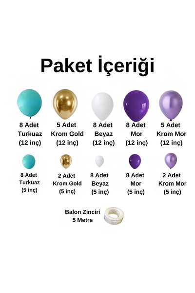 Organizasyon Pazarı Set of 60 Purple Turquoise-Chrome Gold-White-Purple Balloon Chains