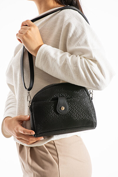 Morpelikan Women's Faux Leather Adjustable Cross Strap 4 Compartment Magnet Buckle Detailed Black Shoulder Bag