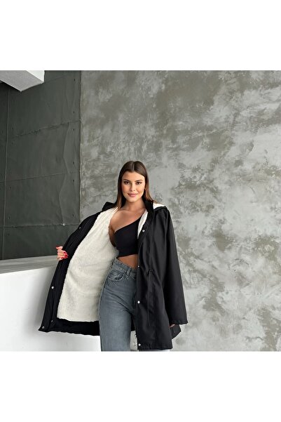 Zeliza Moda Evi Kapüşonlu Çift Cepli Fermuarlı İçi Peluş Kürk Dışı Bondit Kumaş Kadın Trençkot Kadın Mont