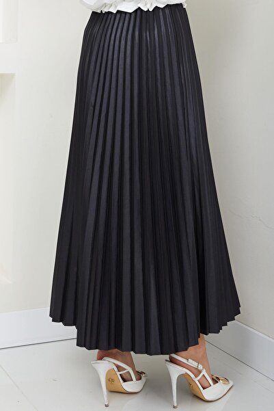 hafsamina Ελαστική μέση Δερμάτινη Φούστα με Πλισέ Μαύρη HM2655
