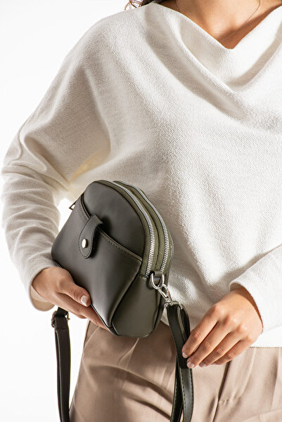 Morpelikan Women's Faux Leather Adjustable Cross Strap 4 Compartment Magnet Buckle Detailed Khaki Shoulder Bag