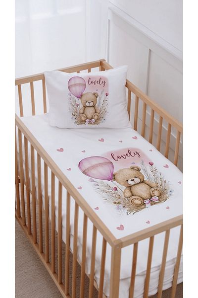 Lilabio 100% Cotton Mother's Side Crib Duvet Cover Set (60X100) Pink Bubble Teddy Bear