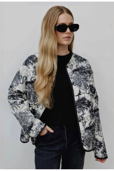 BRTC design Kadın Beyaz Siyah Çift Yönlü Kapitone Safari Desen Çıtçıtlı Mont