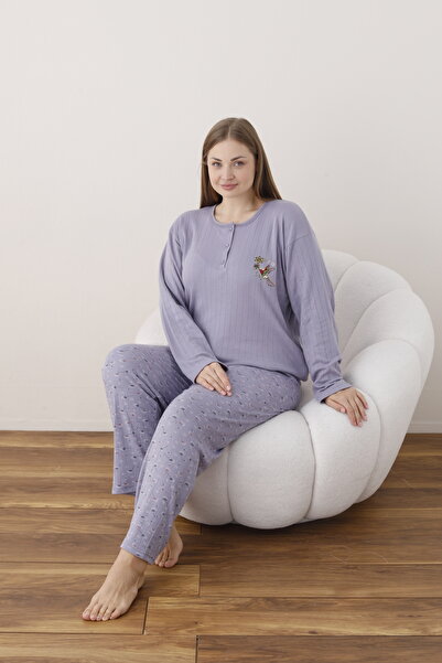 CALİA Kadın Raporlu İnterlok Kumaş Büyük Beden Düğmeli Pijama Takımı