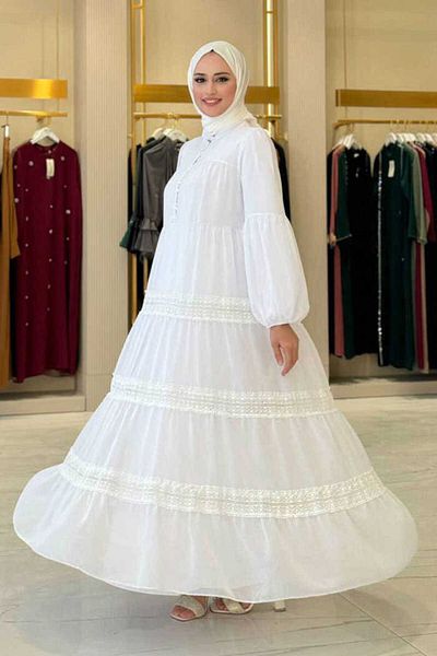 Bym Fashion Φόρεμα σιφόν εκρού - 3923 με λεπτομέρεια από δαντέλα