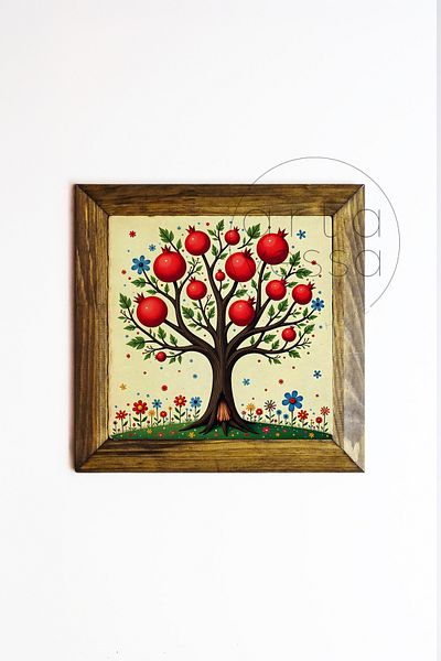 Artavessa Панел за картина с рамка от масивно дърво, камък, 26 x 26 см - Дърво на изобилието от нар