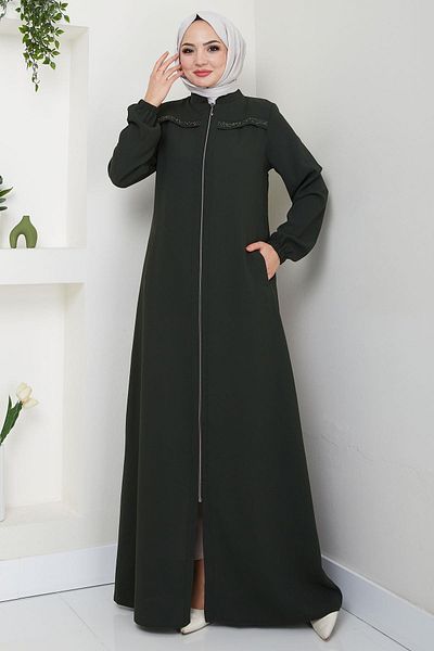 hafsamina Khaki Ferace - Gala Stone Detailed, Model Hm2313