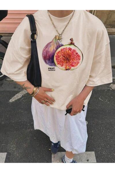 NO 601 Tricou de damă, bej, imprimat cu smochine, supradimensionat, cu potrivire liberă