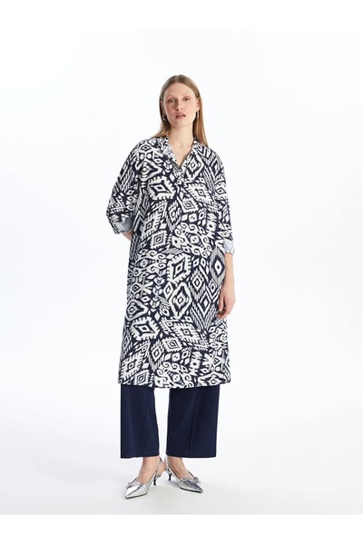 LC Waikiki LCWAIKIKI Classic Lacivert Desenli Oversize Kadın Gömlek Tunik