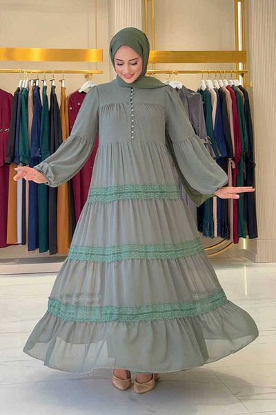 Bym Fashion Φόρεμα σιφόν Mint 3923 Model - Λεπτομέρεια με δαντέλα