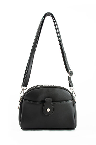 Morpelikan Women's Faux Leather Adjustable Cross Strap 4 Compartment Magnet Buckle Detailed Black Shoulder Bag