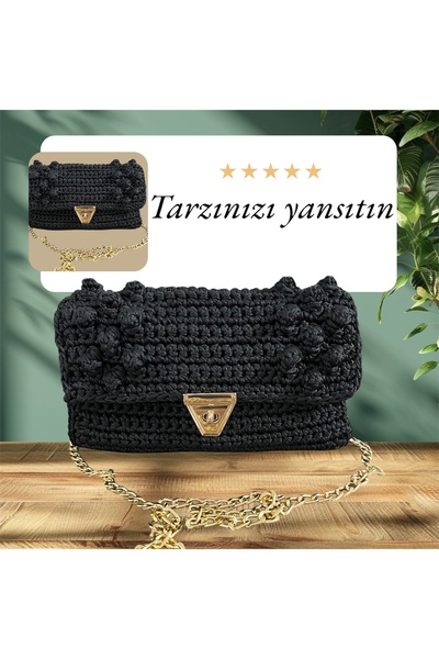 GÜLHOBİTASARIM Siyah Örgü Çanta El Emeği Makrome Çanta Çapraz Zincirli Çanta