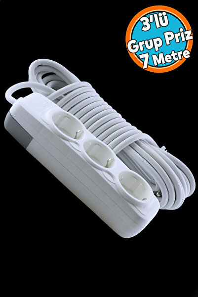 NZB Topraklı Grup Priz 3'lü Anahtarsız 7 Metre Seyyar Ara Kablolu Uzatma Kabl...